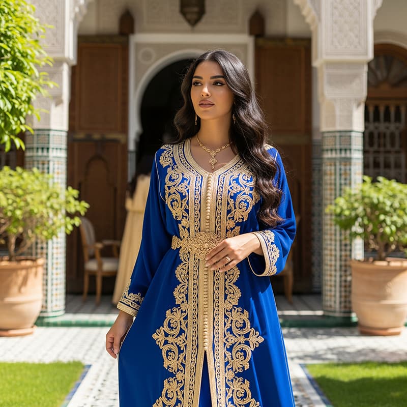 Caftan bleu roi brodé d'or dans un riad traditionnel