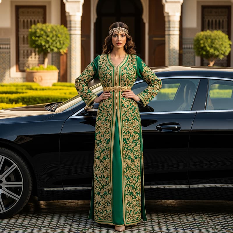 Caftan vert émeraude brodé d'or